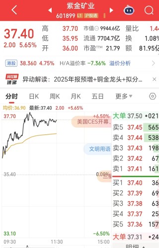 紫金矿业股价创历史新高，A股市值盘中突破1万亿元