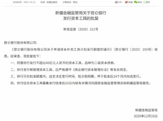 昆仑银行获批发行不超过45亿元的二级资本债券