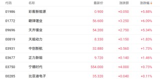 储能需求激增提振港股锂电股 赣锋锂业H股涨超6%