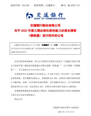 交通银行：2025年第三期总损失吸收能力非资本债券(债券通)发行完毕
