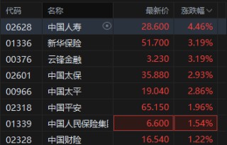 港股大金融股午后拉升，中国人寿涨超4%