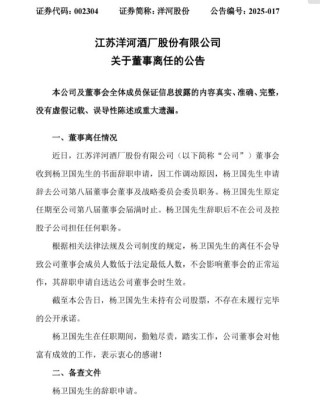 洋河重大人事变动：董事杨卫国因工作调动离任