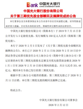 光大银行：第三期优先股全部赎回并摘牌
