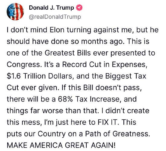 法案口水战升级为利益博弈 特朗普-马斯克“兄弟情”破碎 特斯拉暴跌带崩科技股  第14张