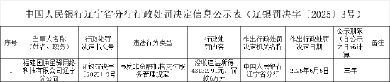 福建国通星驿网络科技辽宁分公司被罚6万元：违反非金融机构支付服务管理规定  第1张