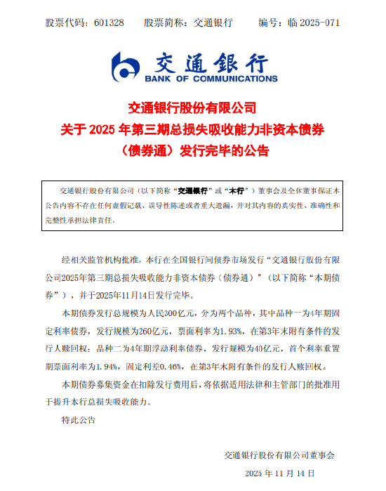 交通银行:2025年第三期总损失吸收能力非资本债券(债券通)发行完毕 第1张 交通银行:2025年第三期总损失吸收能力非资本债券(债券通)发行完毕 第1张