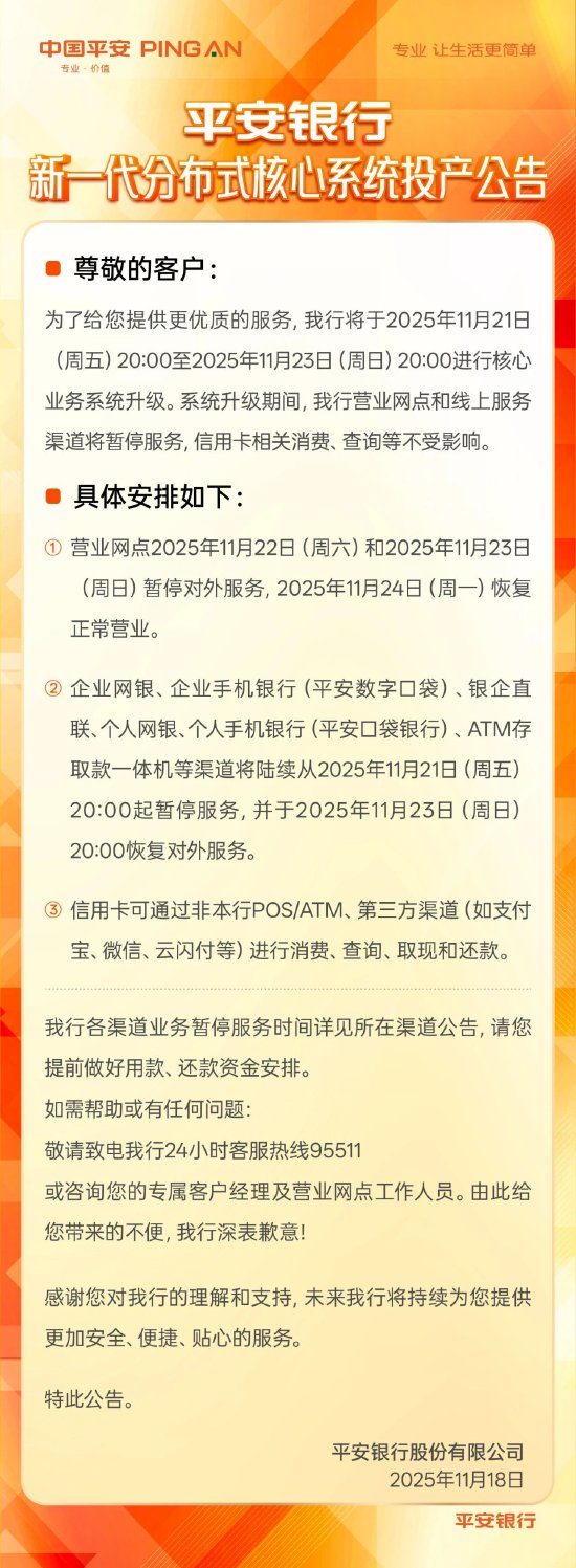 平安银行：将于21日20：00至23日20：00进行核心业务系统升级，升级期间营业网点和线上服务渠道将暂停服务  第1张