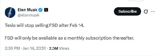 马斯克：特斯拉将于2月14日后停止销售FSD  第1张
