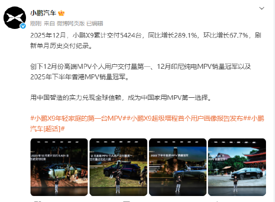 小鹏汽车:小鹏X9去年12月交付5424台,刷新单月历史交付纪录 第1张 小鹏汽车:小鹏X9去年12月交付5424台,刷新单月历史交付纪录 第1张