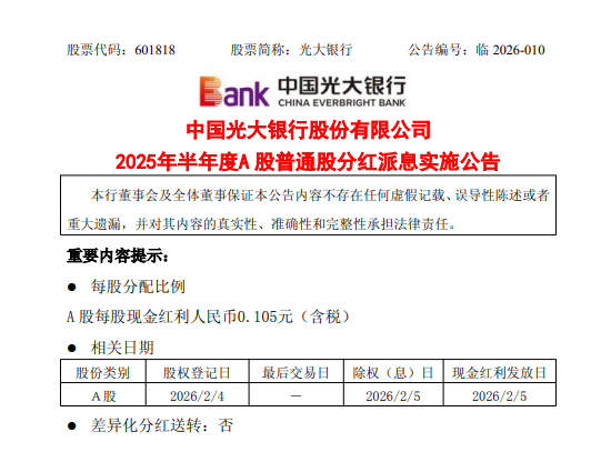 光大银行:2025年半年度A股每股现金红利人民币0.105元 第1张 光大银行:2025年半年度A股每股现金红利人民币0.105元 第1张