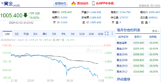 快讯：沪金主力合约触及跌停，跌幅16%，现报1005.4元/克  第3张