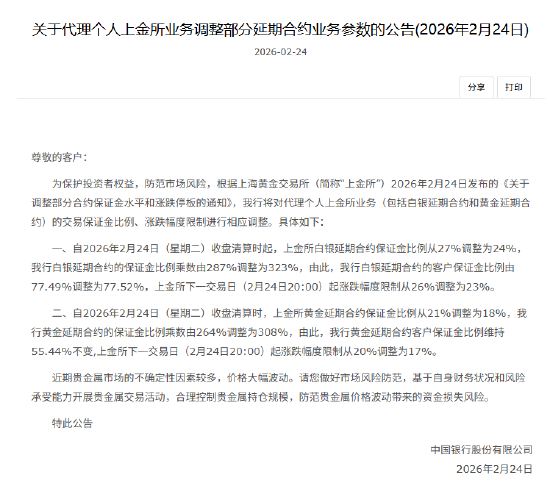 中国银行:调整代理个人上金所业务交易保证金比例、涨跌幅度限制 第1张 中国银行:调整代理个人上金所业务交易保证金比例、涨跌幅度限制 第1张